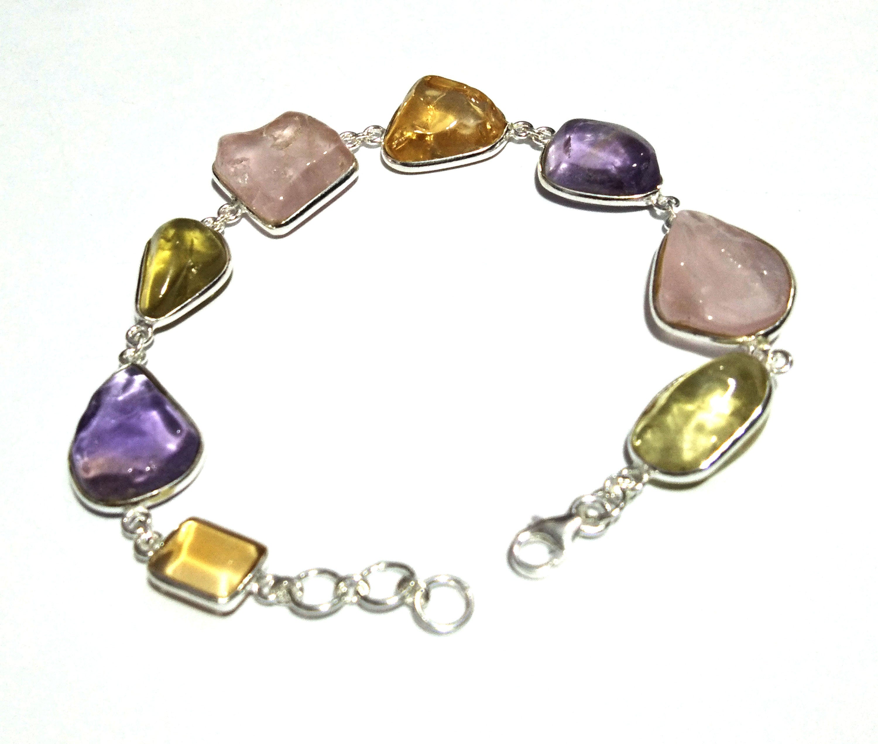 Natural Amethyst/Rose Quartz/Lemon Quartz Tumbled Stone Bracelet, 925 Sterling Silver Bracelet, 8 inches Multi Color Stone Wedding Bracelet